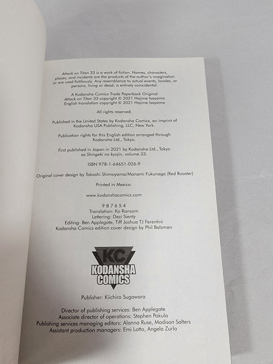 Attack on Titan #33 (Hajime Isayama, Kodansha Comics, English, Softcover)