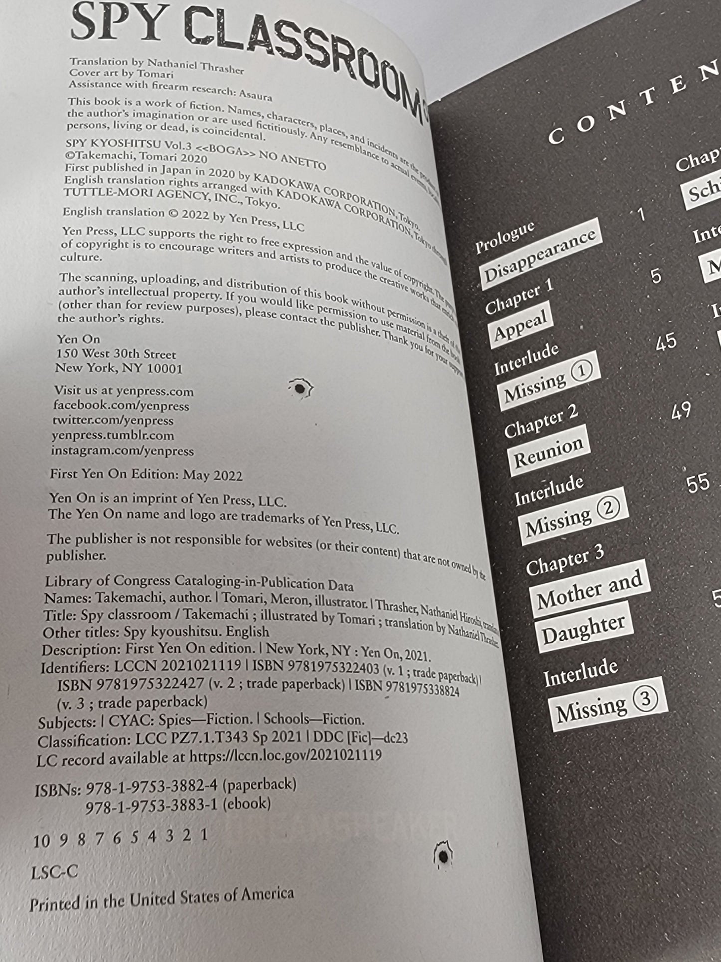 Spy Classroom #3 (Light Novel, Takemachi, 2022, English, Yen On)