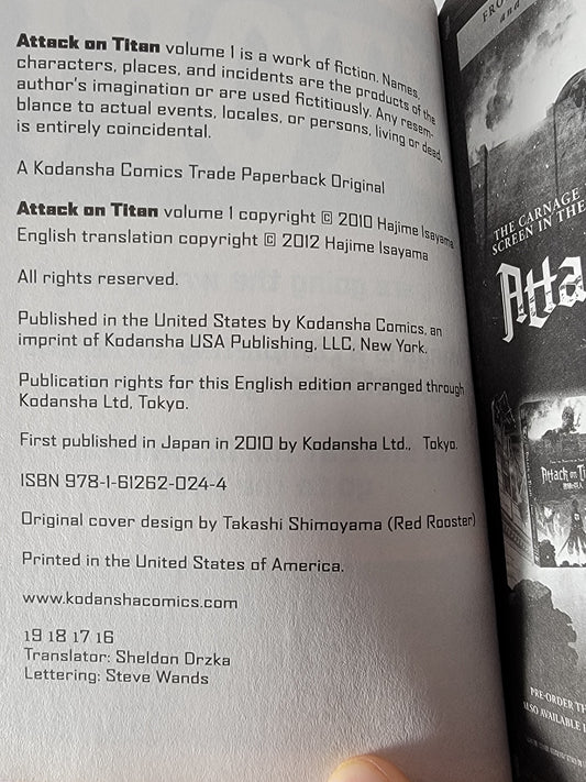 Attack on Titan #1 (Hajime Isayama, Kodansha Comics, English, Softcover)